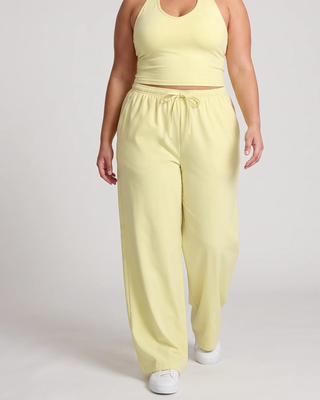 Curvana nvwa womens two piece summer casual v neck top wide leg pants womens holiday tra plus size pastel yellow front walking