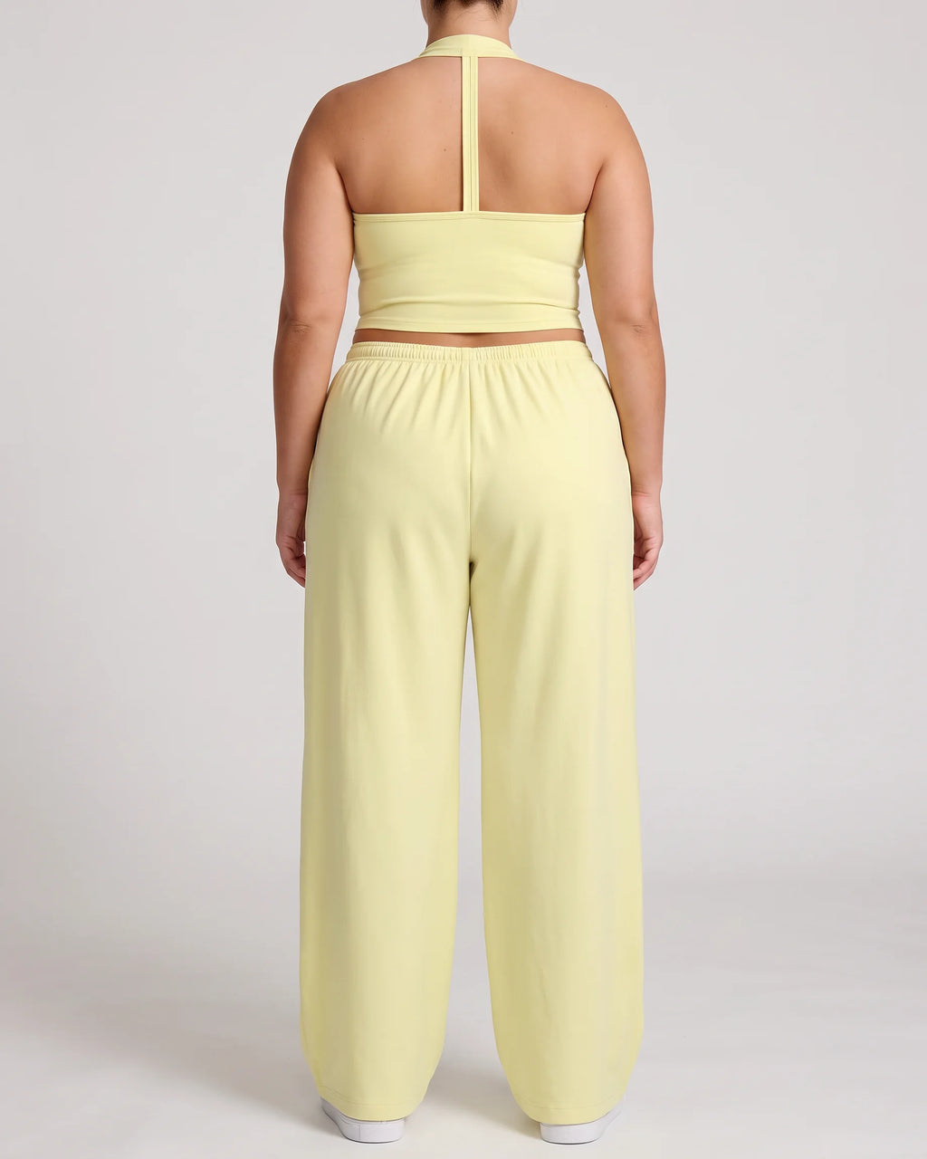 Curvana nvwa womens two piece summer casual v neck top wide leg pants womens holiday tra plus size pastel yellow back view