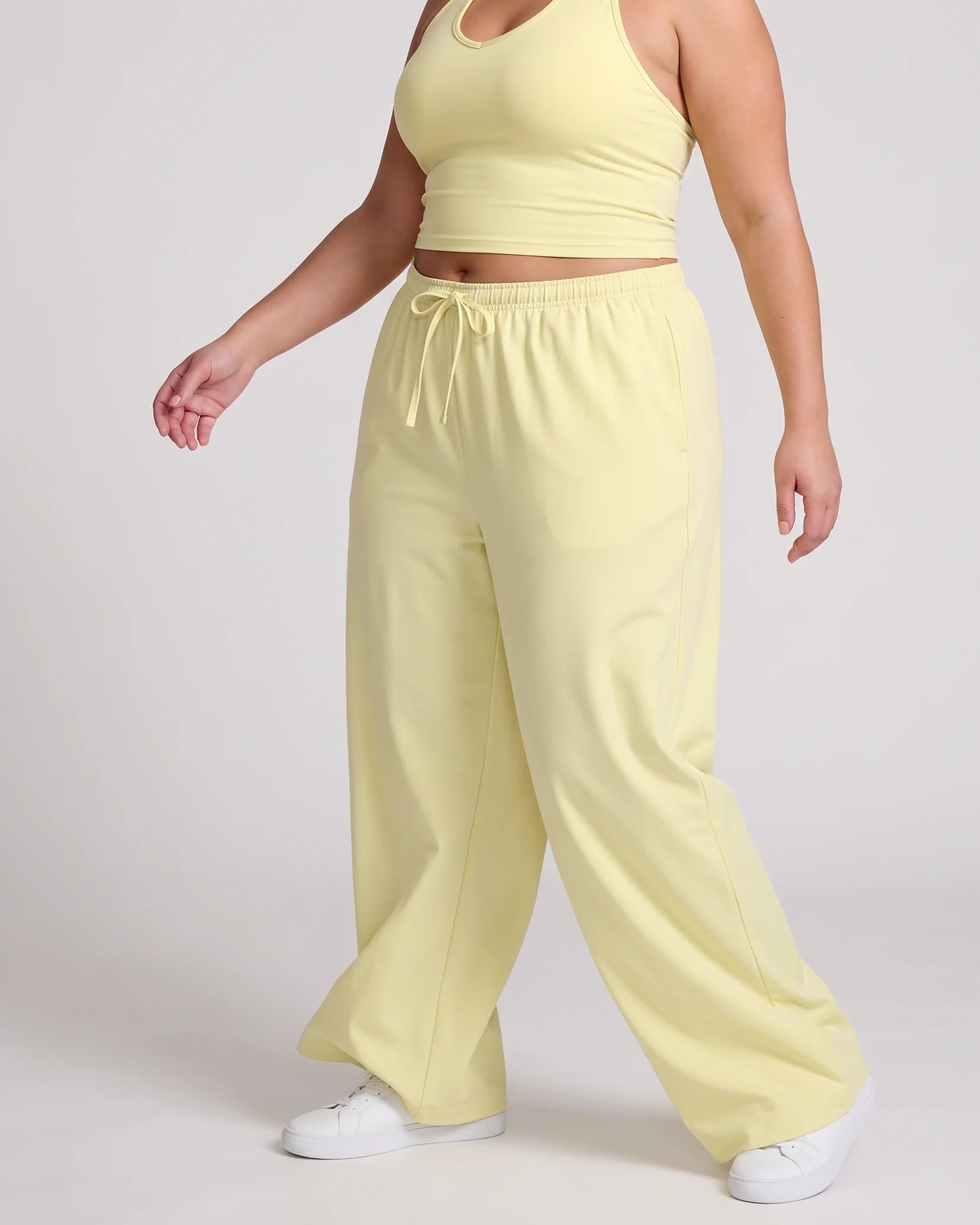 Curvana nvwa womens two piece summer casual v neck top wide leg pants womens holiday tra plus size pastel yellow movement