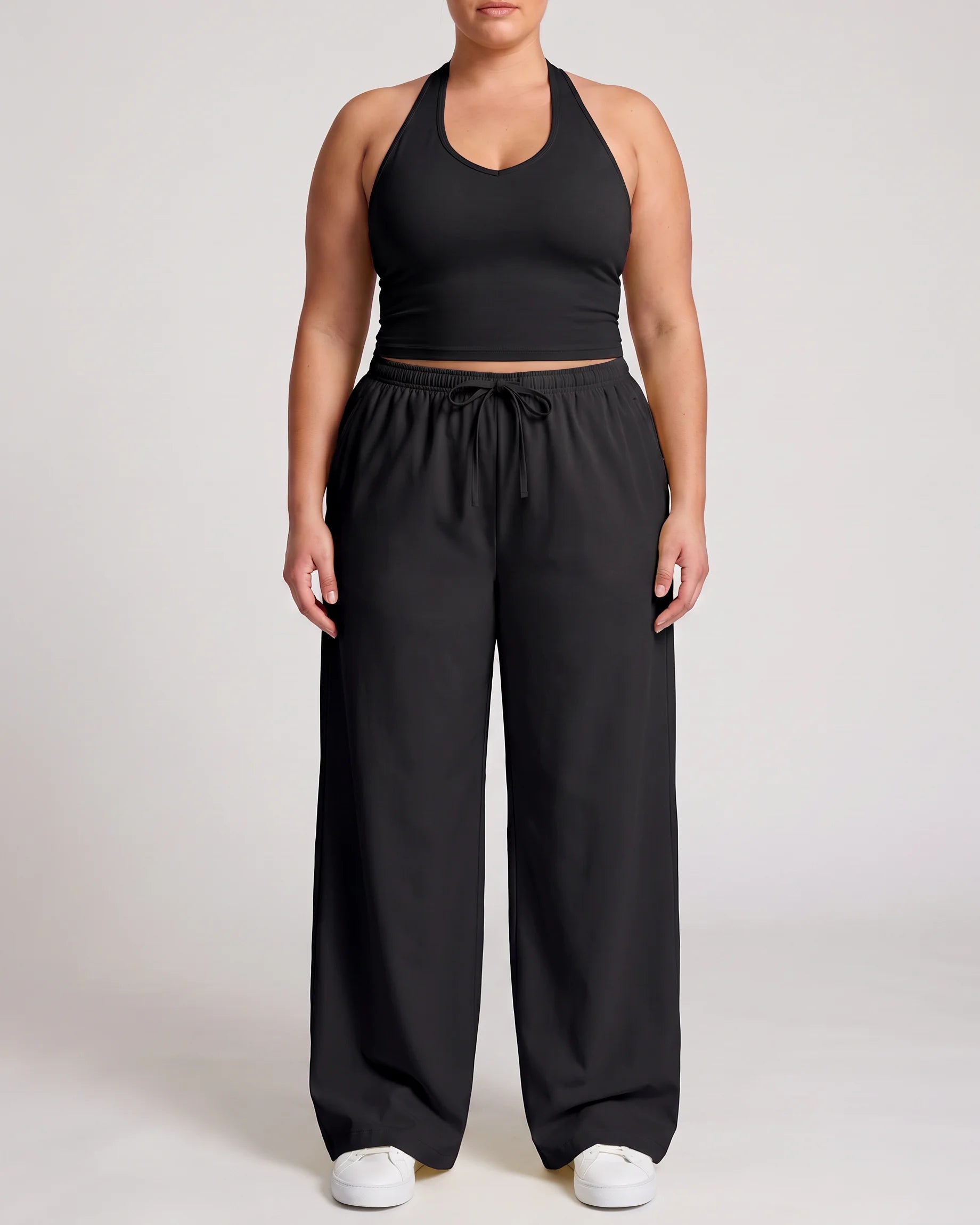 Curvana nvwa womens two piece summer casual v neck top wide leg pants womens holiday tra plus size black front view