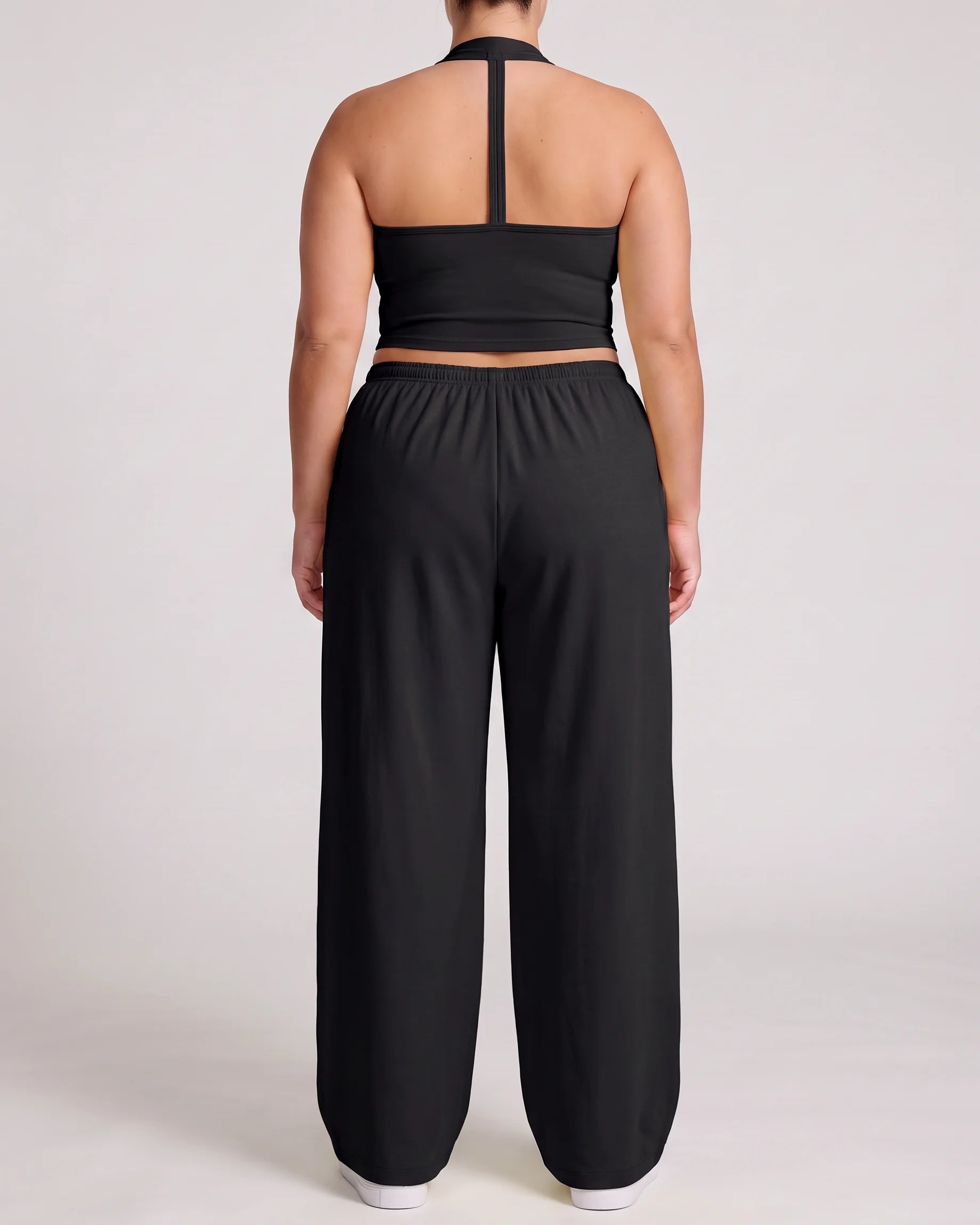 Curvana nvwa womens two piece summer casual v neck top wide leg pants womens holiday tra plus size black back view
