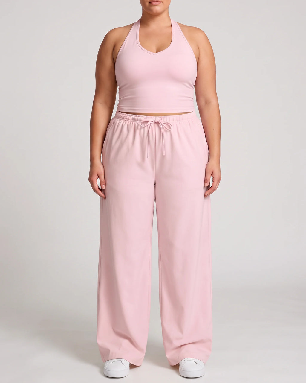 Curvana nvwa womens two piece summer casual v neck top wide leg pants womens holiday tra plus size blush pink front view