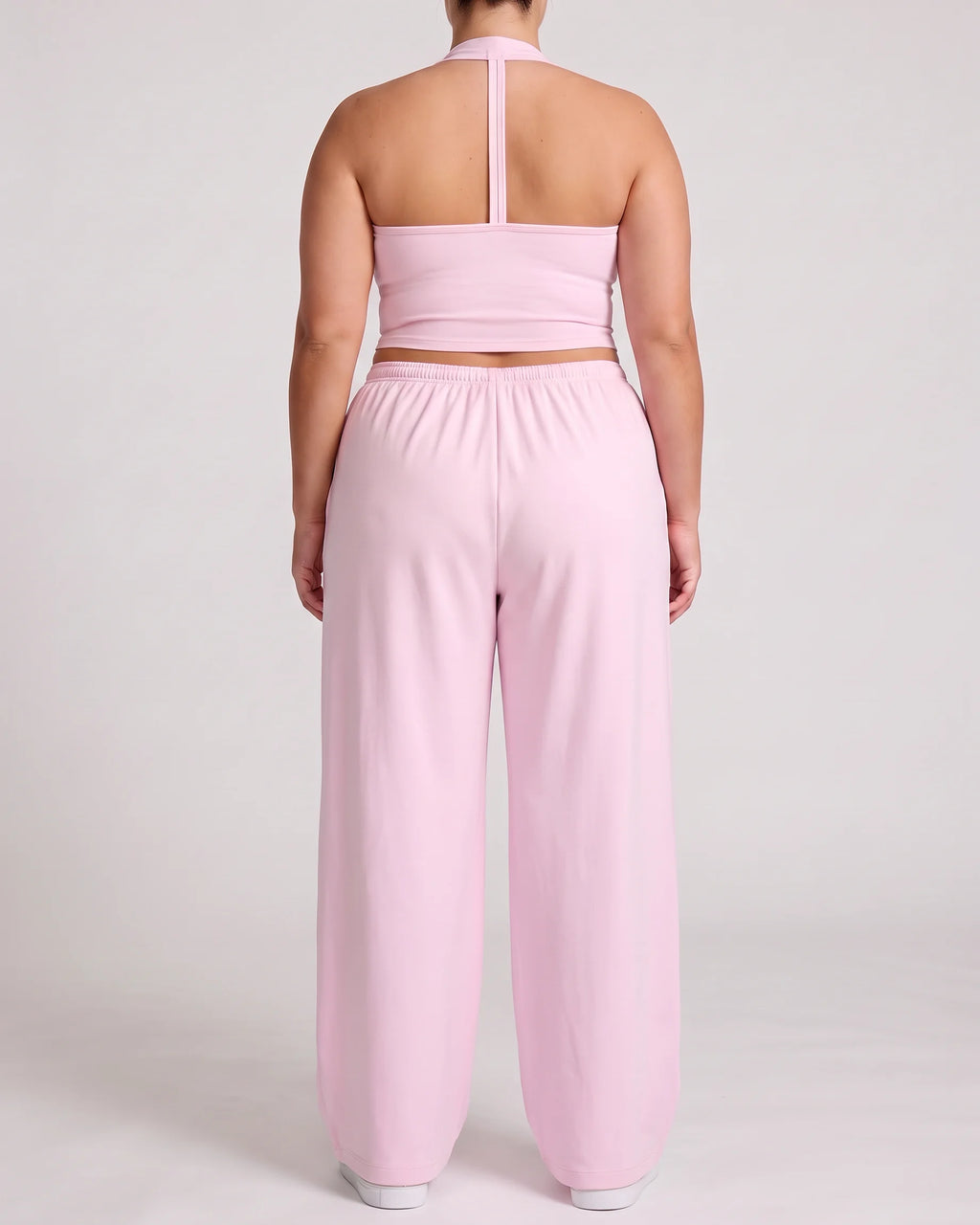 Curvana nvwa womens two piece summer casual v neck top wide leg pants womens holiday tra plus size blush pink back view