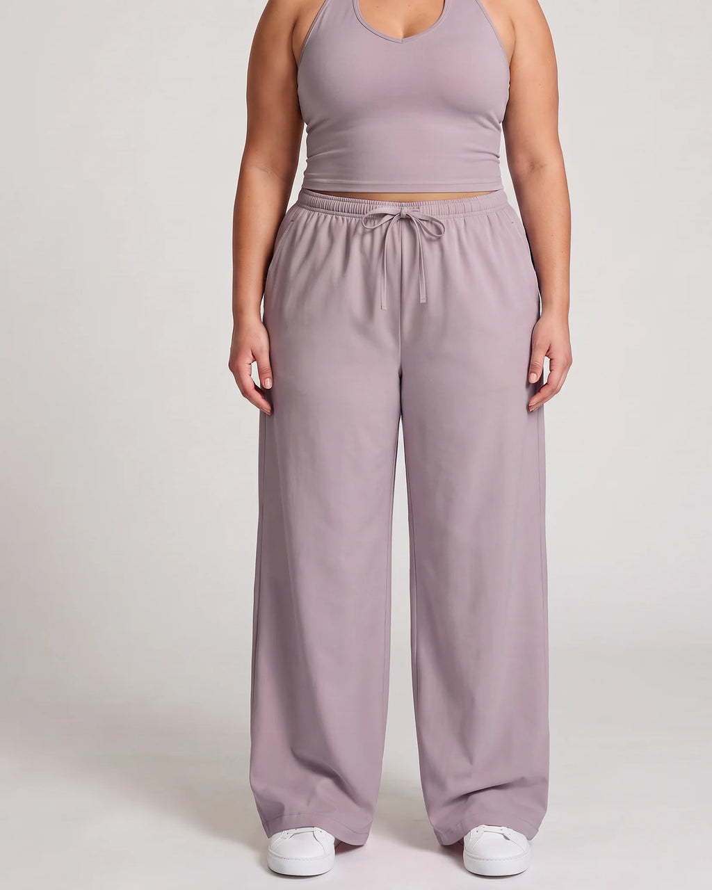 Curvana nvwa womens two piece summer casual v neck top wide leg pants womens holiday tra plus size dusty mauve front view