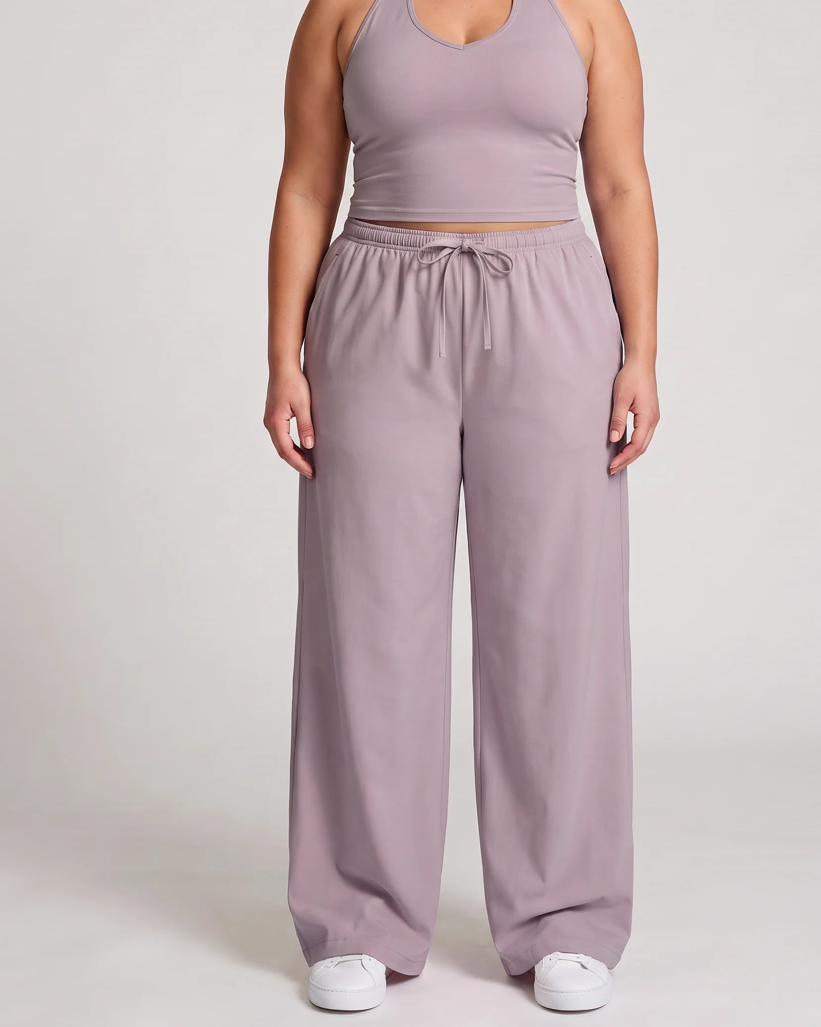 Curvana nvwa womens two piece summer casual v neck top wide leg pants womens holiday tra plus size dusty mauve front view