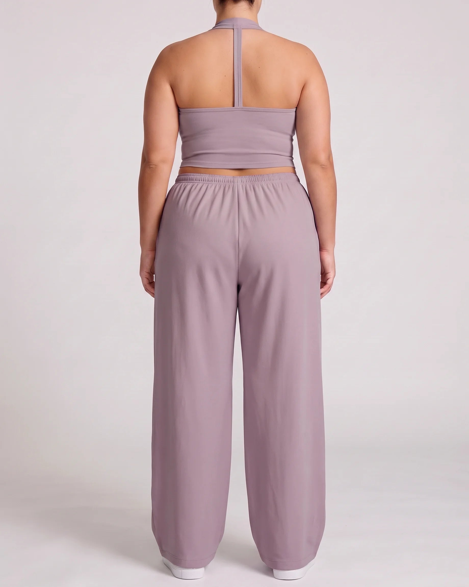 Curvana nvwa womens two piece summer casual v neck top wide leg pants womens holiday tra plus size dusty mauve back view