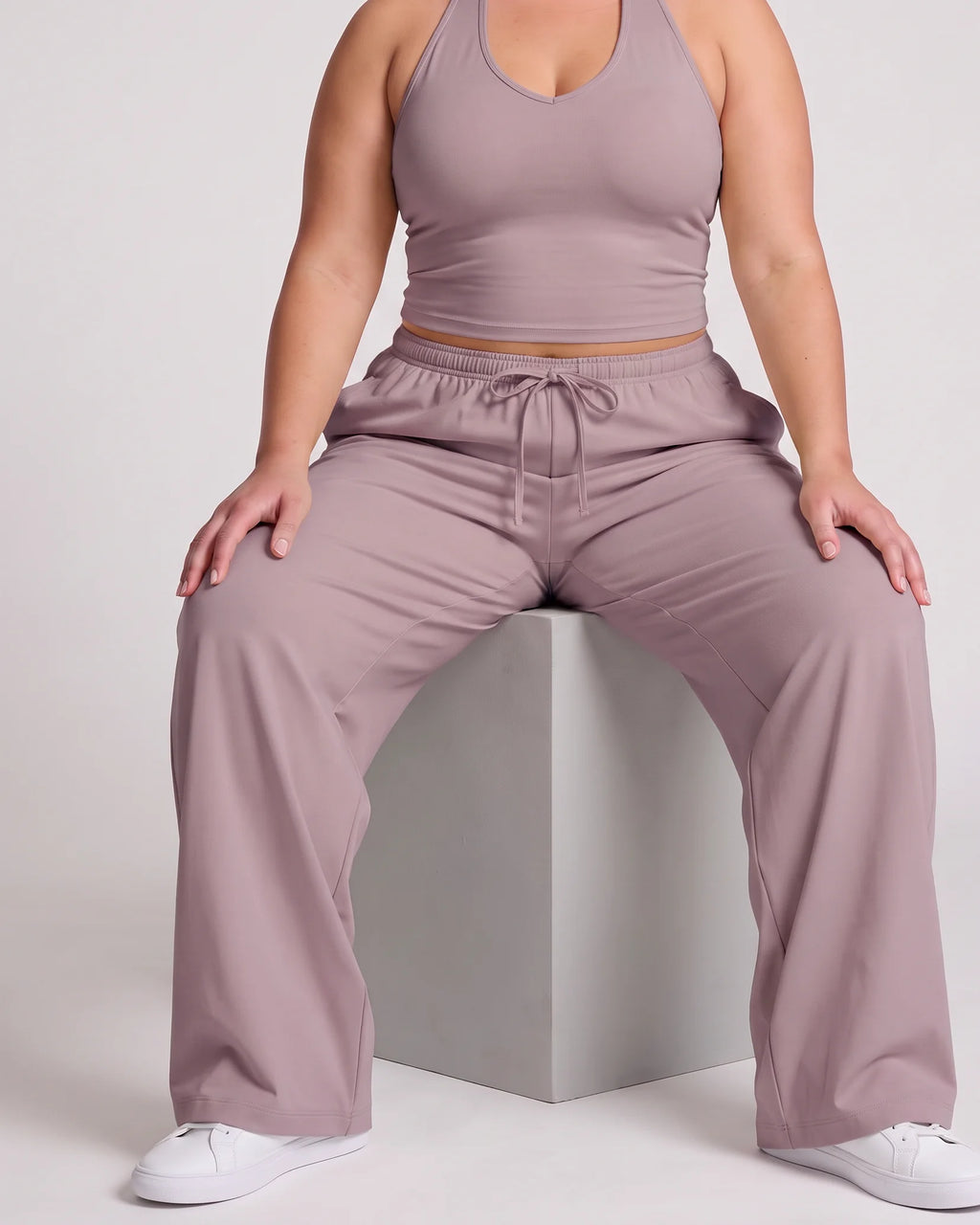 Curvana nvwa womens two piece summer casual v neck top wide leg pants womens holiday tra plus size dusty mauve seated