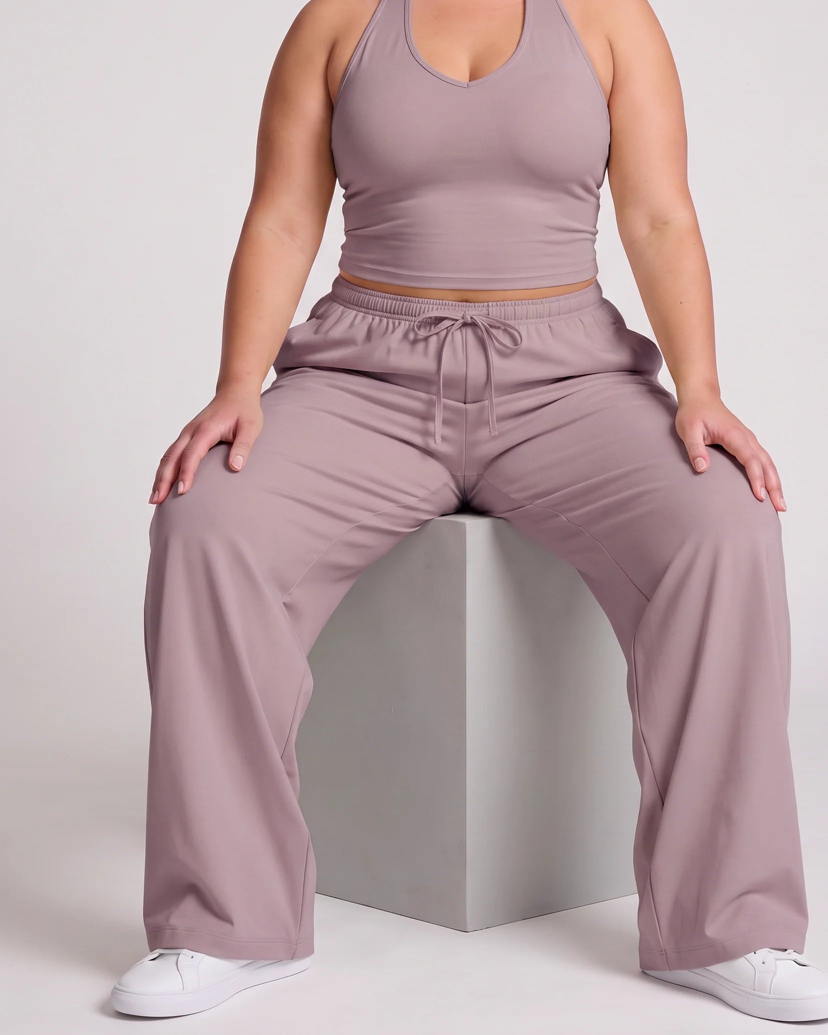 Curvana nvwa womens two piece summer casual v neck top wide leg pants womens holiday tra plus size dusty mauve seated