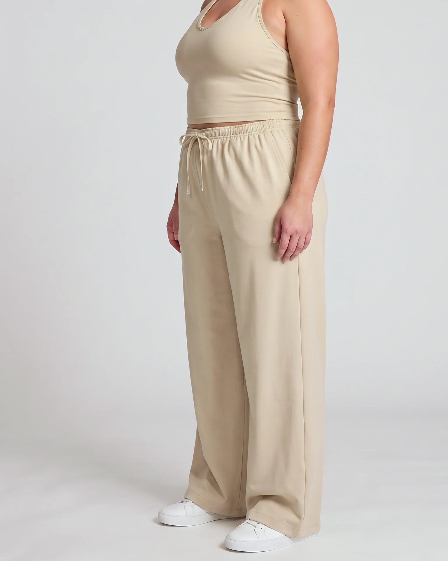 Curvana nvwa womens two piece summer casual v neck top wide leg pants womens holiday tra plus size linen beige hero