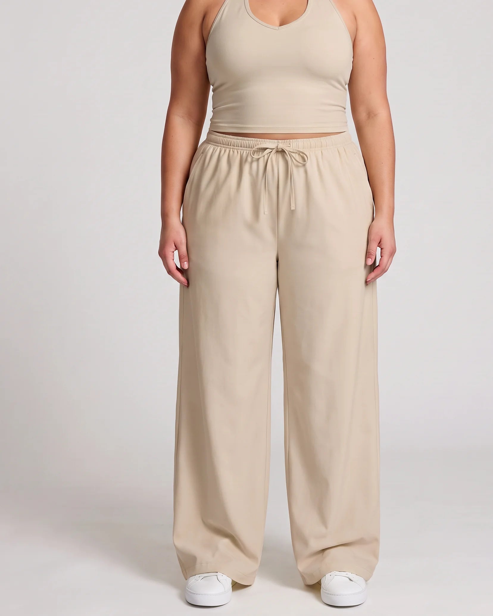 Curvana nvwa womens two piece summer casual v neck top wide leg pants womens holiday tra plus size linen beige front view