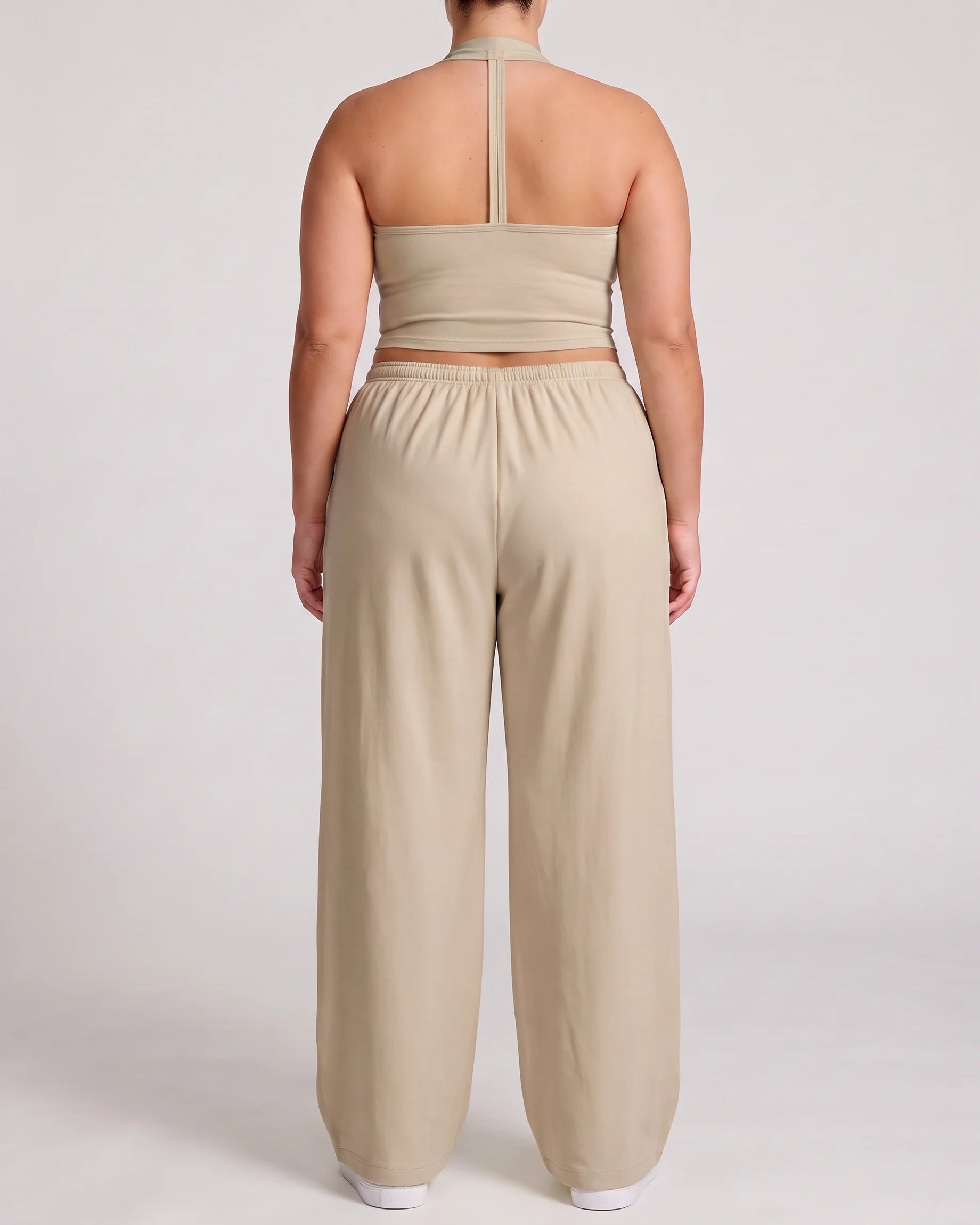 Curvana nvwa womens two piece summer casual v neck top wide leg pants womens holiday tra plus size linen beige back view
