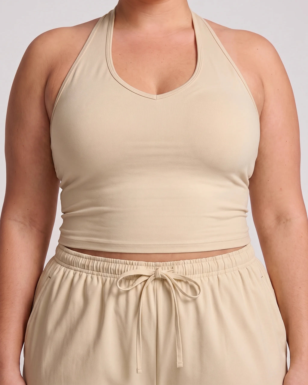 Curvana nvwa womens two piece summer casual v neck top wide leg pants womens holiday tra plus size linen beige detail 1