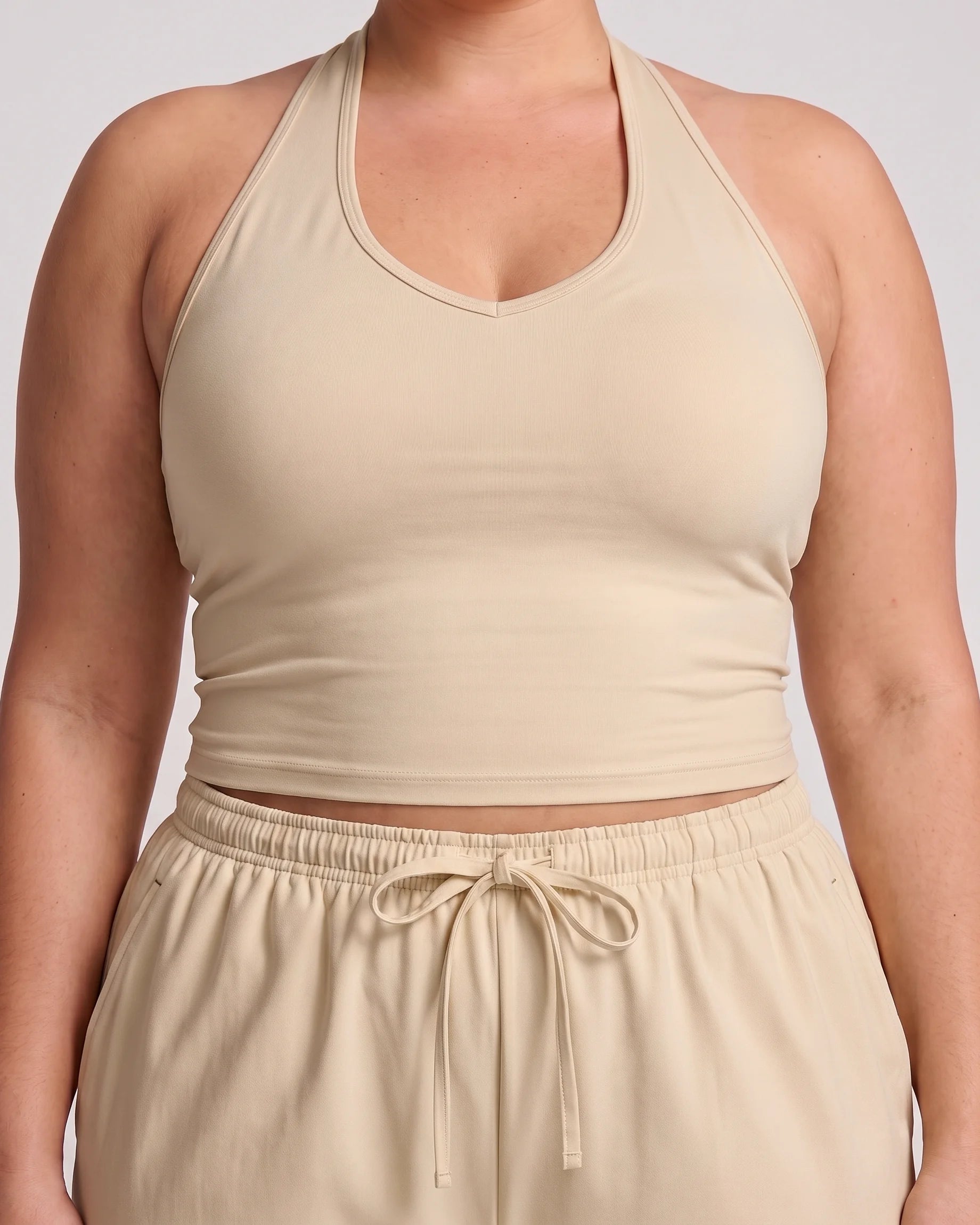 Curvana nvwa womens two piece summer casual v neck top wide leg pants womens holiday tra plus size linen beige detail 1