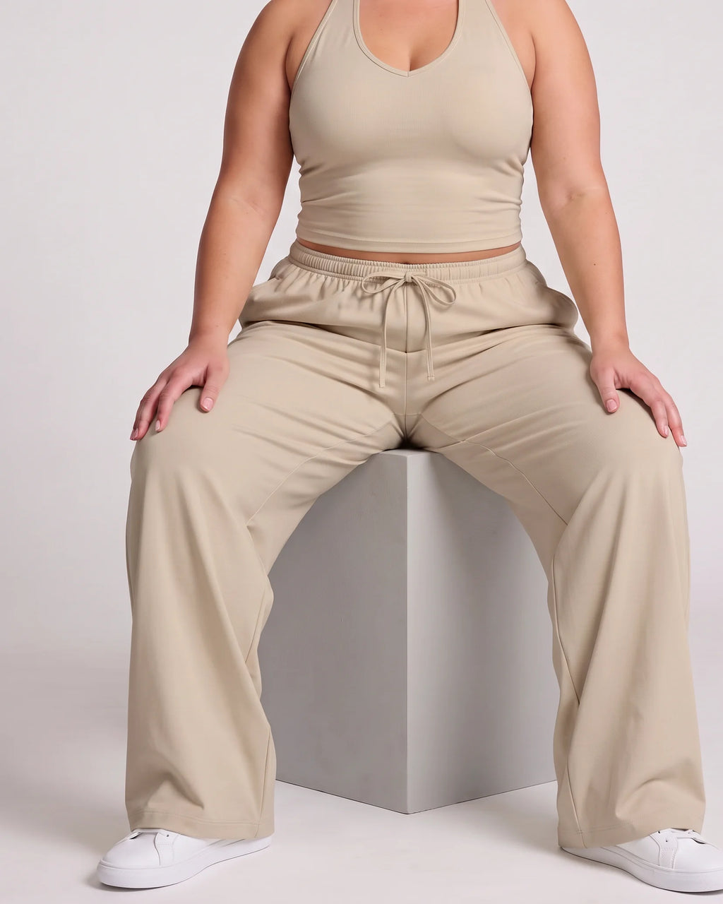 Curvana nvwa womens two piece summer casual v neck top wide leg pants womens holiday tra plus size linen beige seated