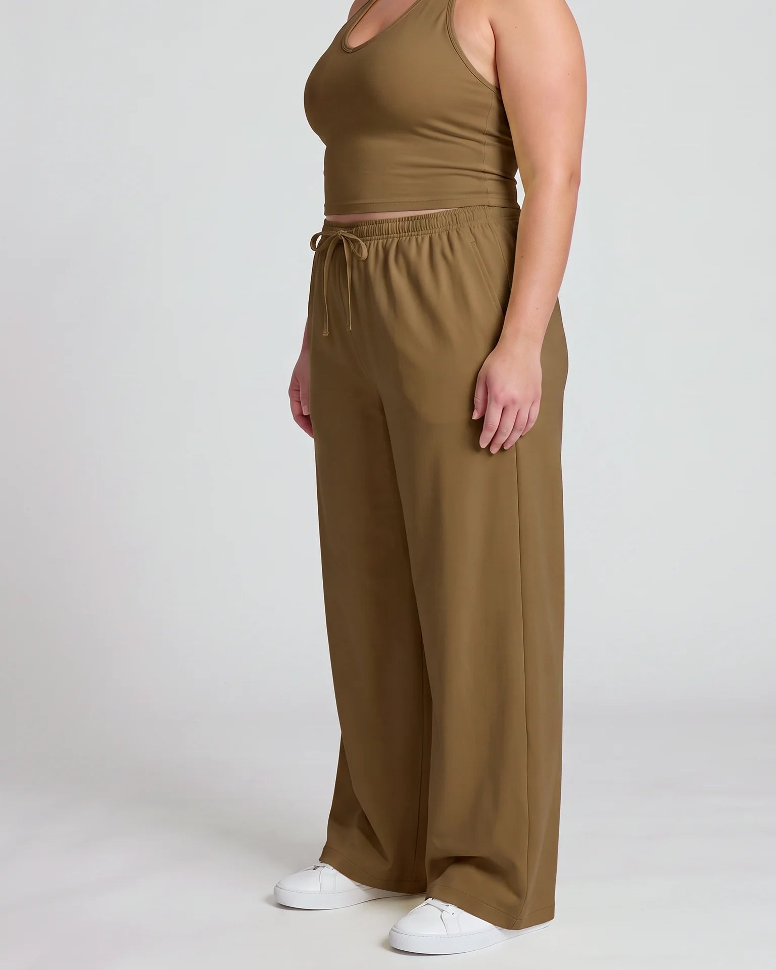 Curvana nvwa womens two piece summer casual v neck top wide leg pants womens holiday tra plus size mocha brown hero