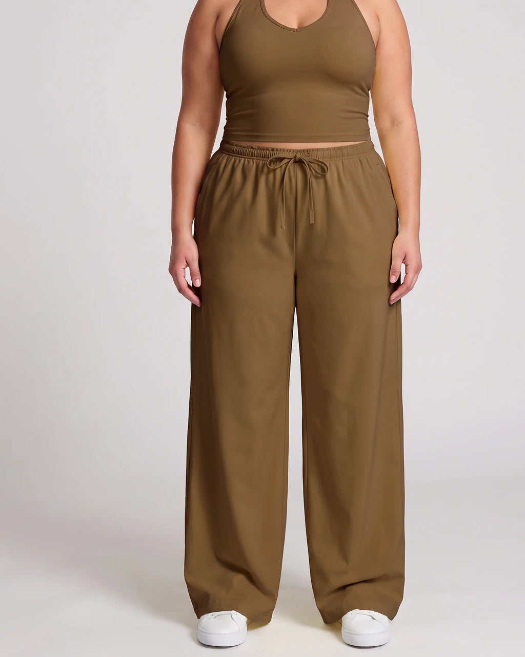Curvana nvwa womens two piece summer casual v neck top wide leg pants womens holiday tra plus size mocha brown front view
