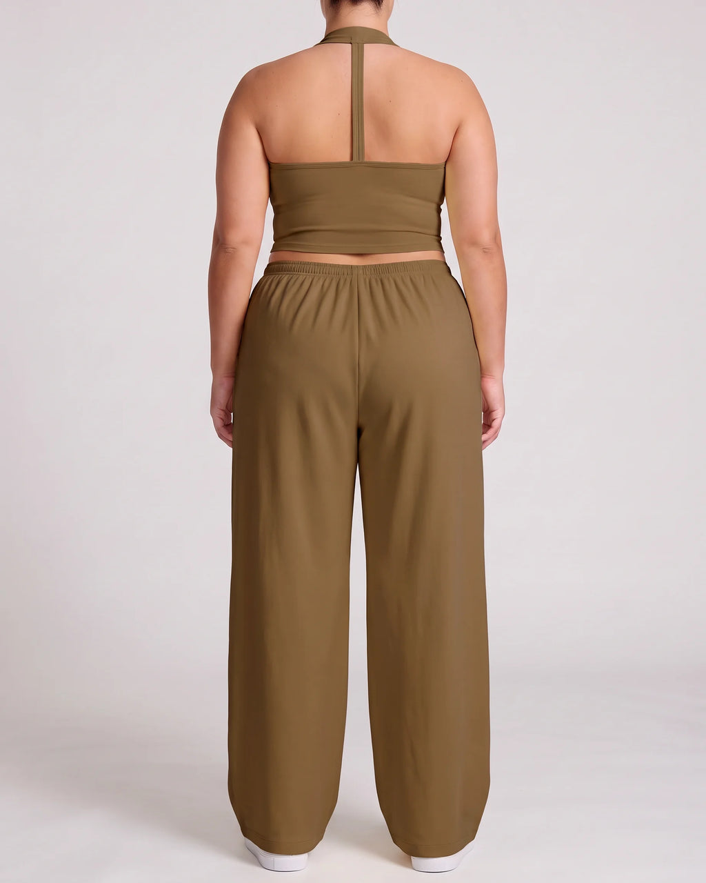 Curvana nvwa womens two piece summer casual v neck top wide leg pants womens holiday tra plus size mocha brown back view