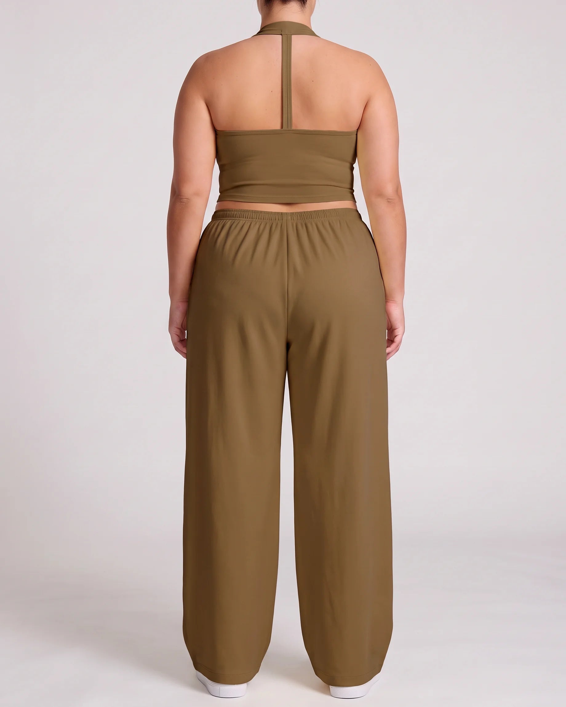 Curvana nvwa womens two piece summer casual v neck top wide leg pants womens holiday tra plus size mocha brown back view