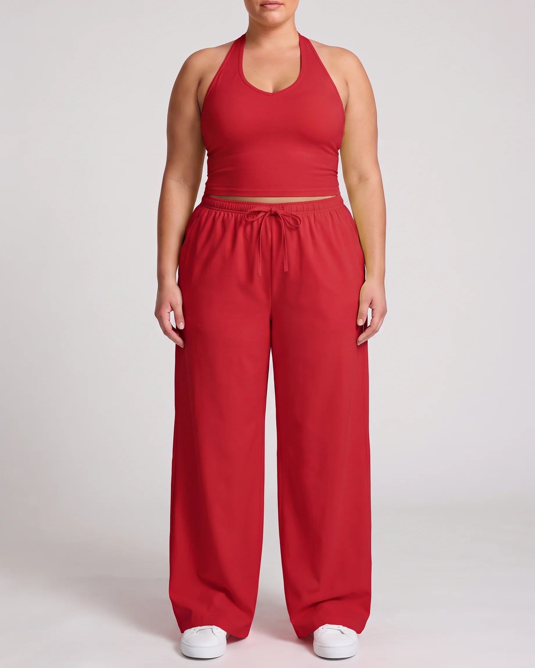 Curvana nvwa womens two piece summer casual v neck top wide leg pants womens holiday tra plus size vivid red front view