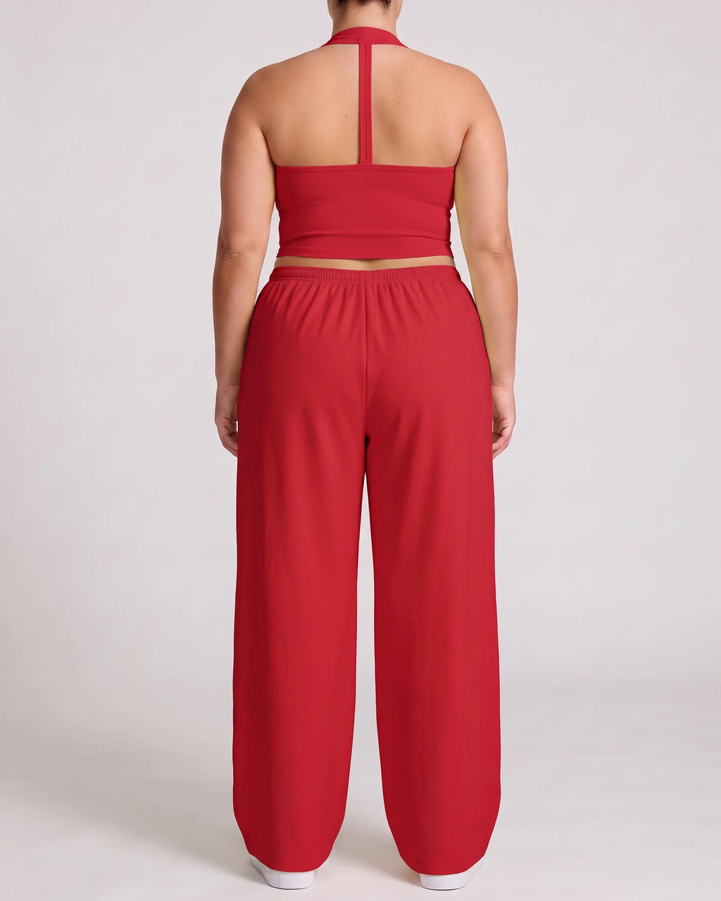 Curvana nvwa womens two piece summer casual v neck top wide leg pants womens holiday tra plus size vivid red back view