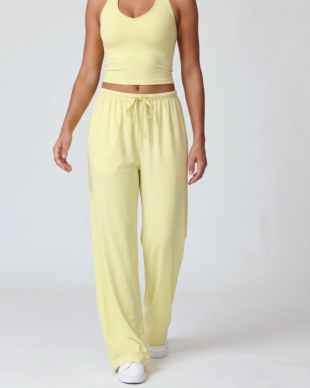 Curvana nvwa womens two piece summer casual v neck top wide leg pants womens holiday tra standard pastel yellow front walking