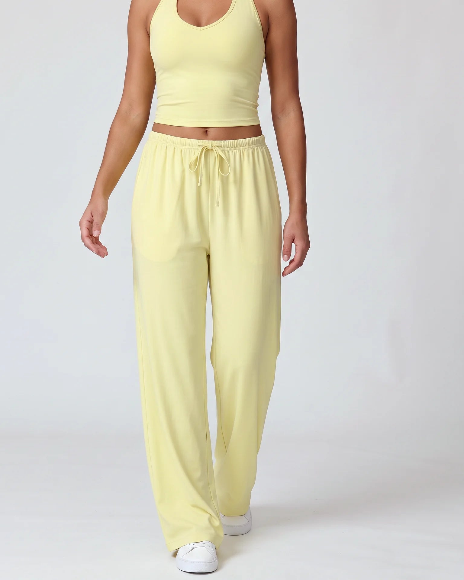 Curvana nvwa womens two piece summer casual v neck top wide leg pants womens holiday tra standard pastel yellow front walking