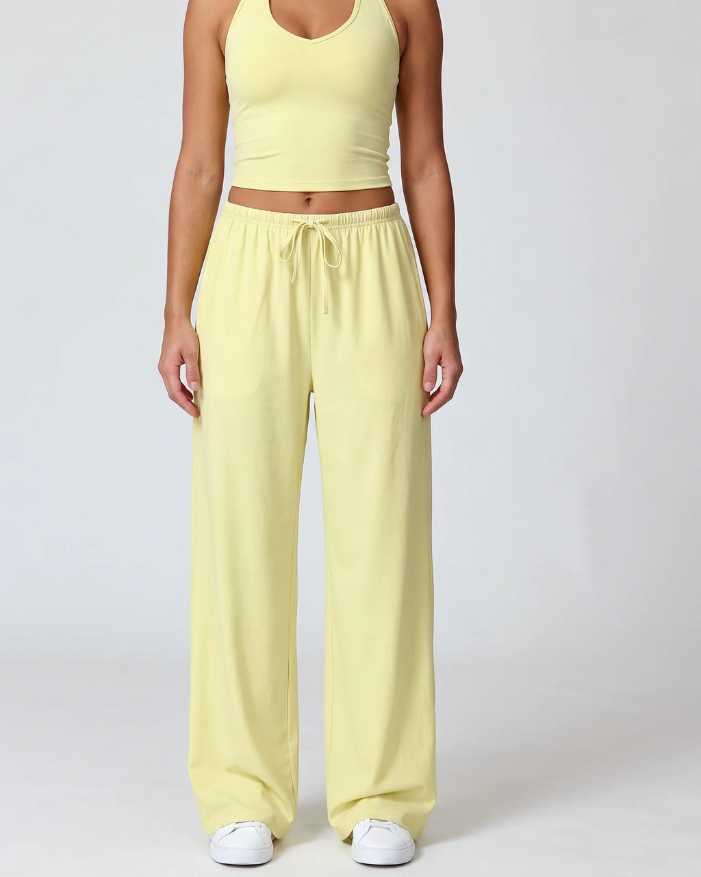 Curvana nvwa womens two piece summer casual v neck top wide leg pants womens holiday tra standard pastel yellow front view