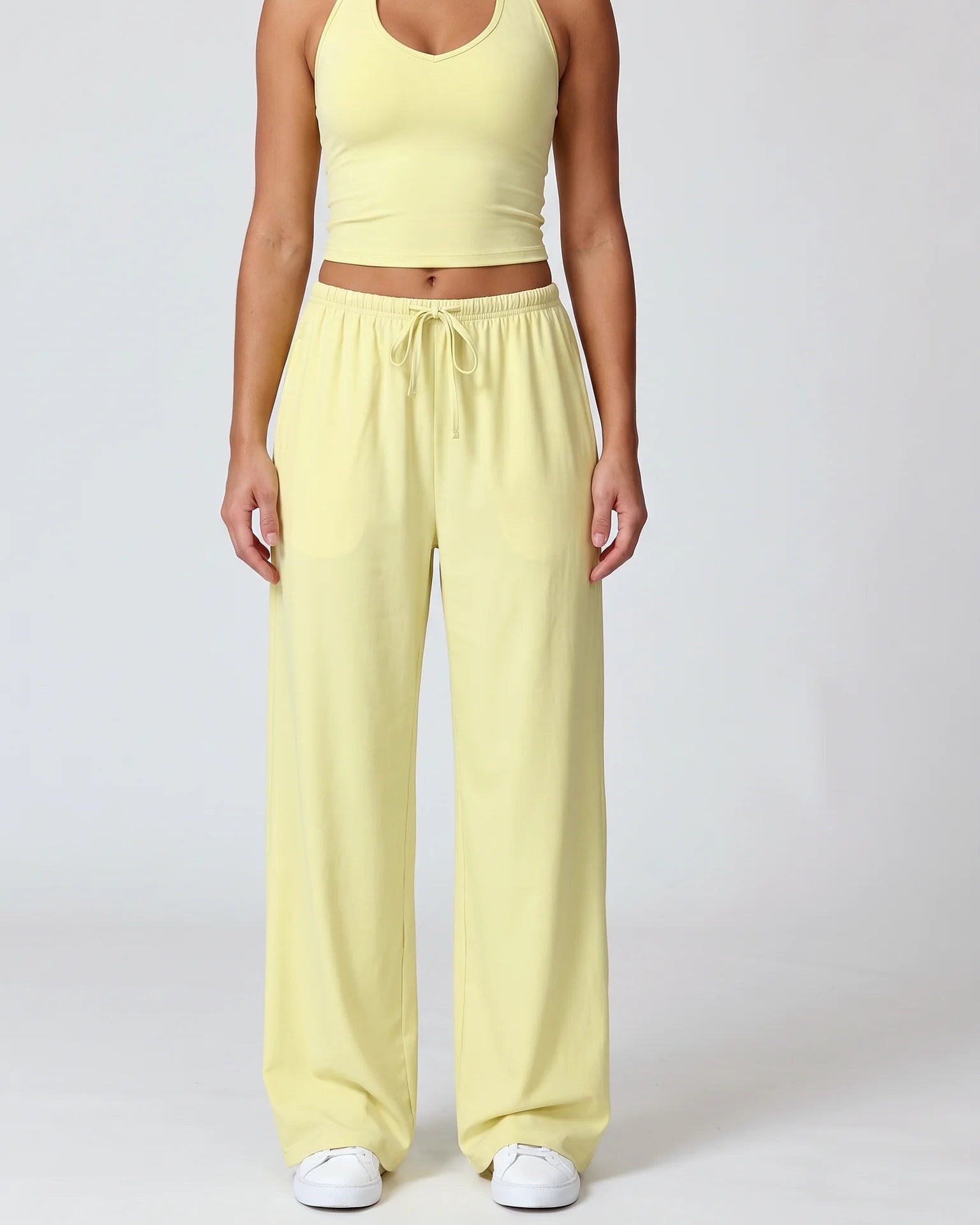 Curvana nvwa womens two piece summer casual v neck top wide leg pants womens holiday tra standard pastel yellow front view