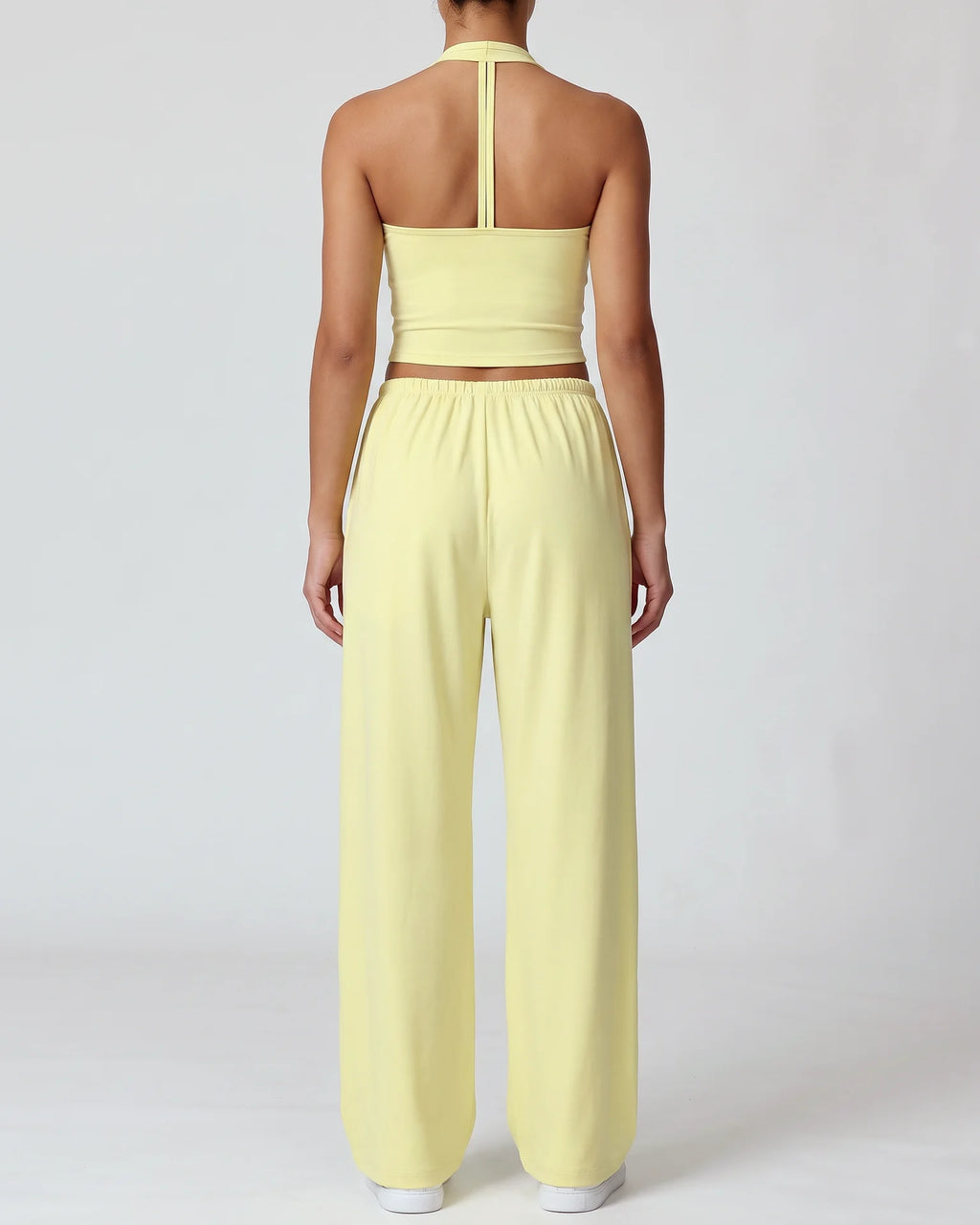 Curvana nvwa womens two piece summer casual v neck top wide leg pants womens holiday tra standard pastel yellow back view