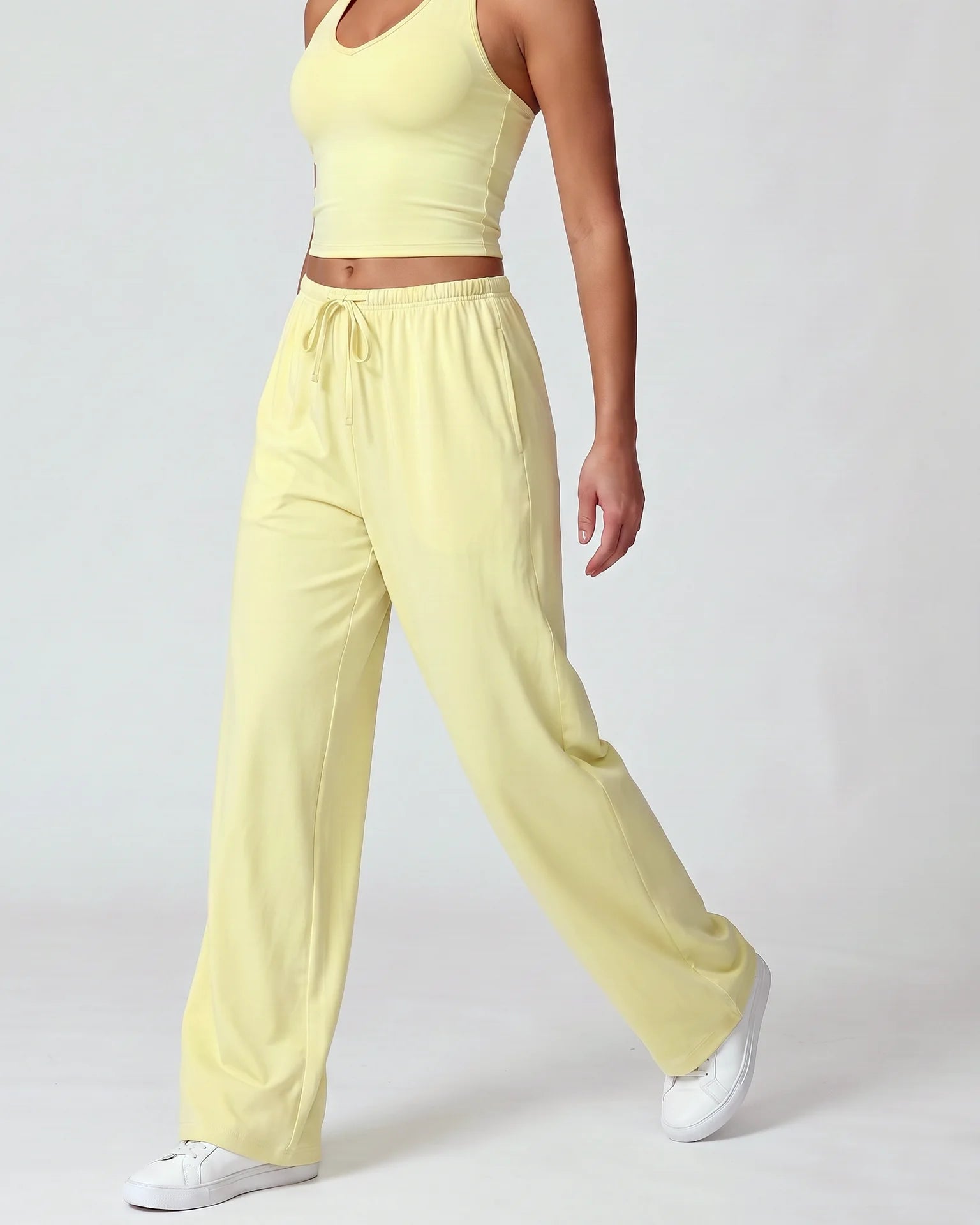 Curvana nvwa womens two piece summer casual v neck top wide leg pants womens holiday tra standard pastel yellow movement