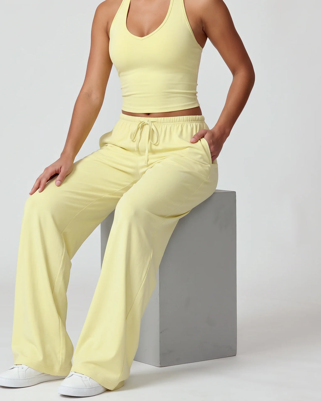 Curvana nvwa womens two piece summer casual v neck top wide leg pants womens holiday tra standard pastel yellow seated