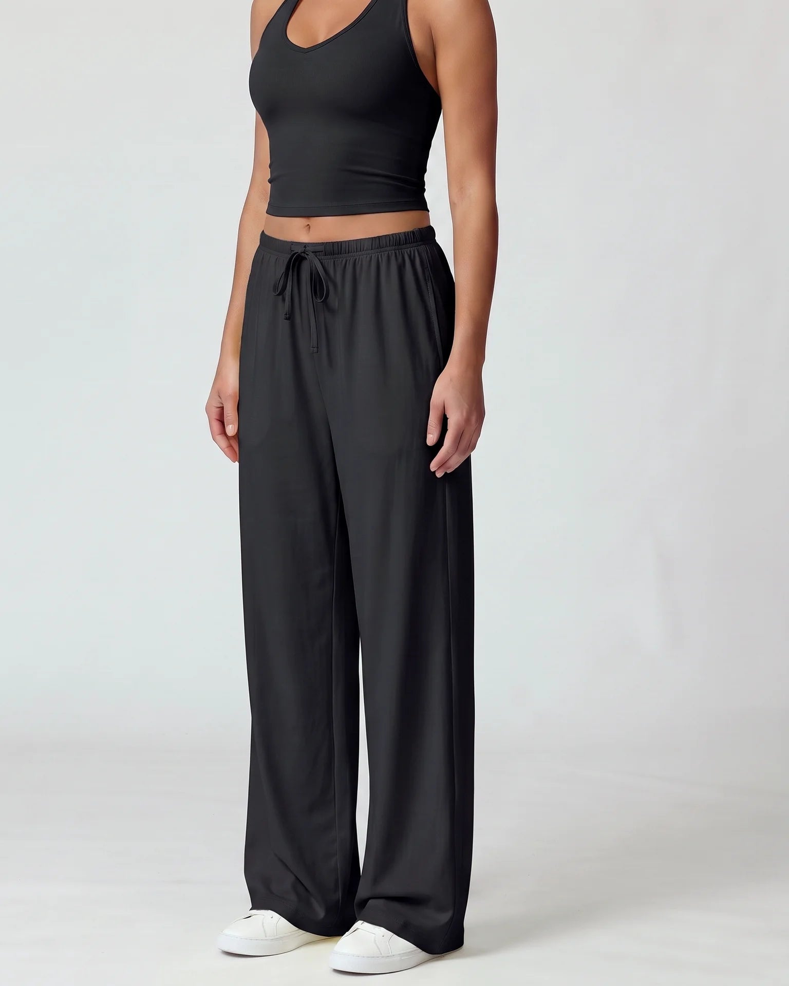 Curvana nvwa womens two piece summer casual v neck top wide leg pants womens holiday tra standard black hero