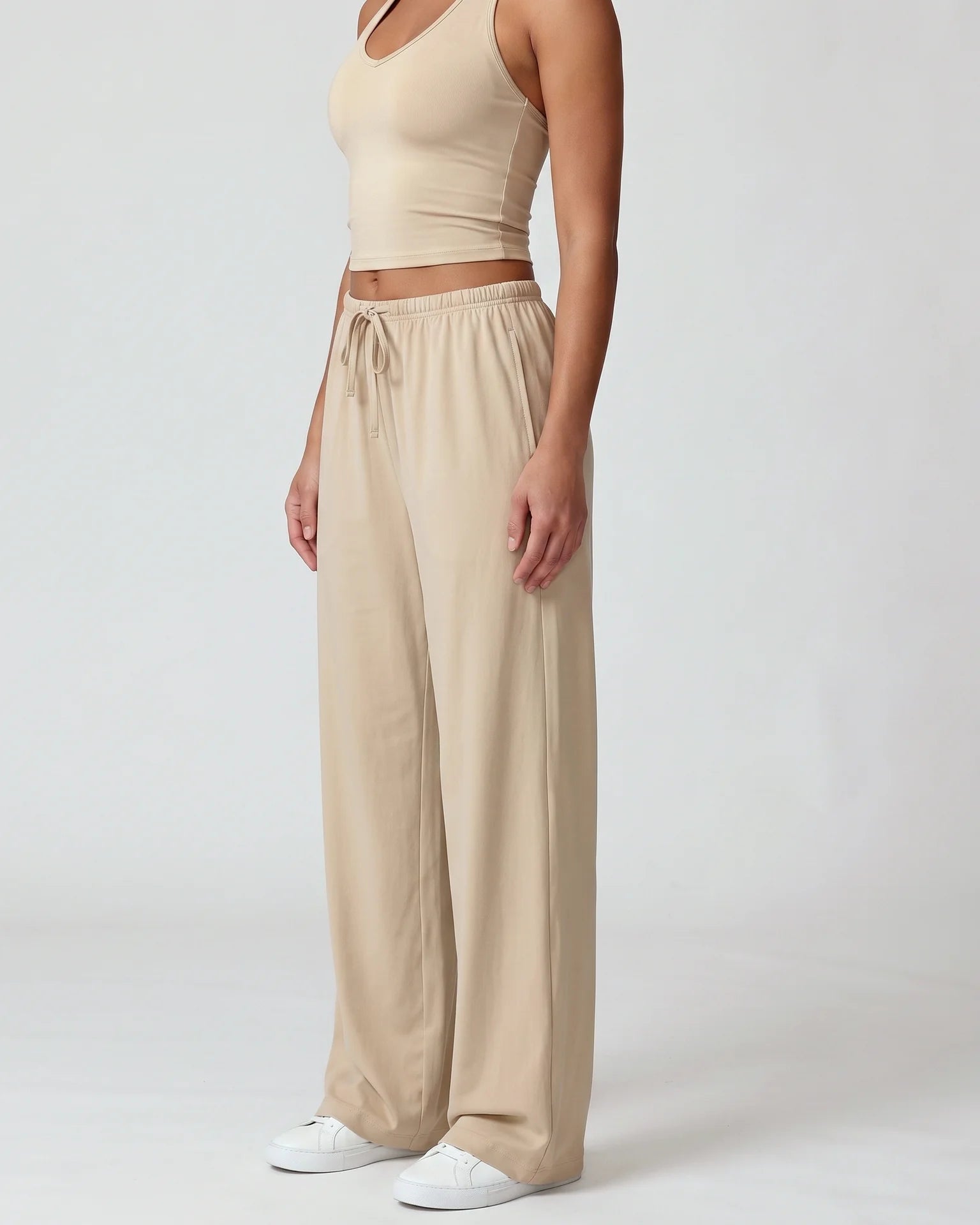 Curvana nvwa womens two piece summer casual v neck top wide leg pants womens holiday tra standard linen beige hero