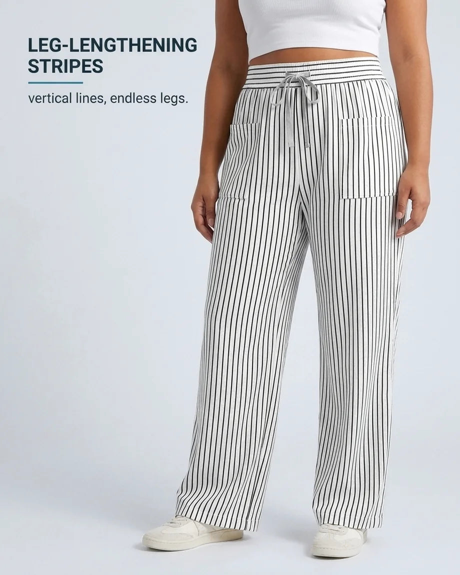 Curvana breeze wide leg pant feature leg lengthening stripes