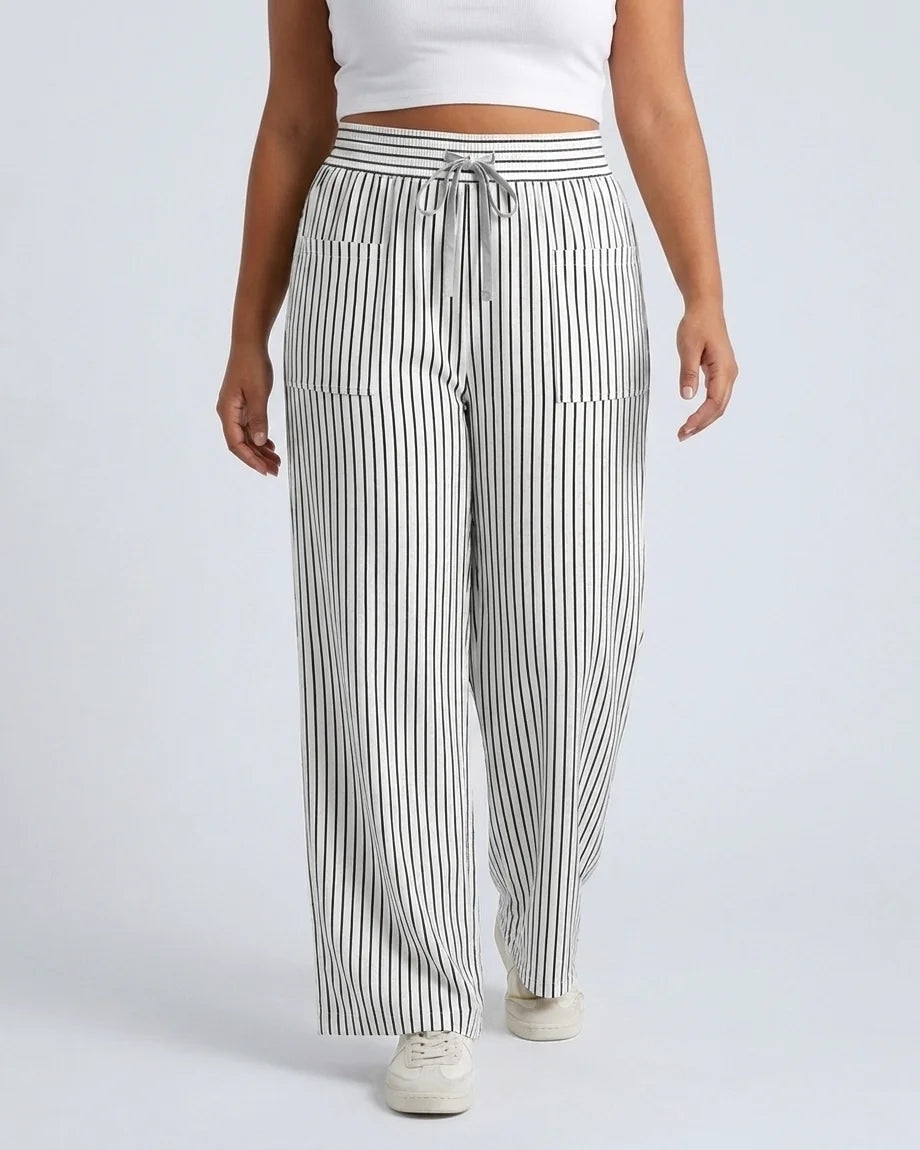Curvana breeze wide leg pant plus size black white stripe front walking