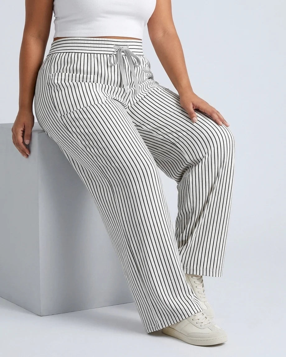 Curvana breeze wide leg pant plus size black white stripe seated