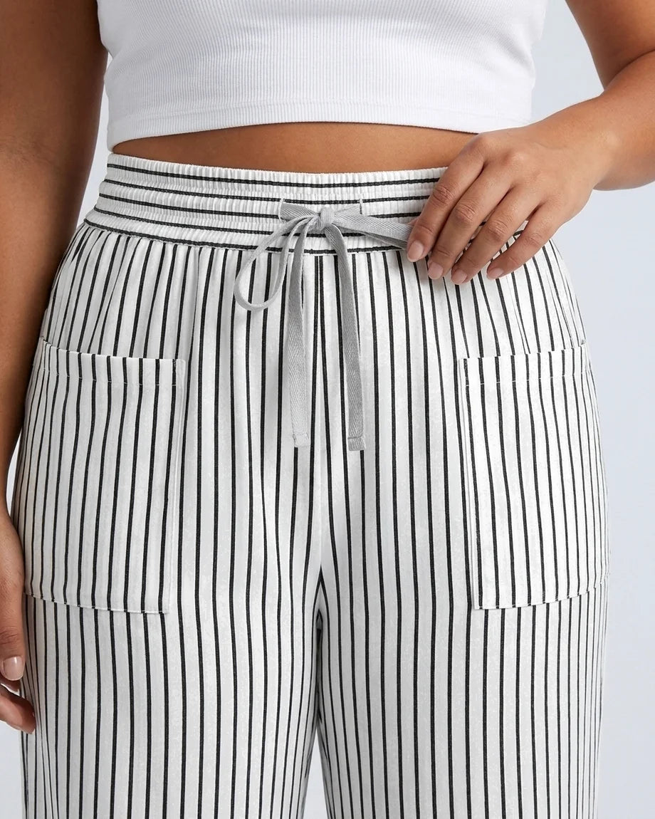 Curvana breeze wide leg pant plus size black white stripe waistband detail