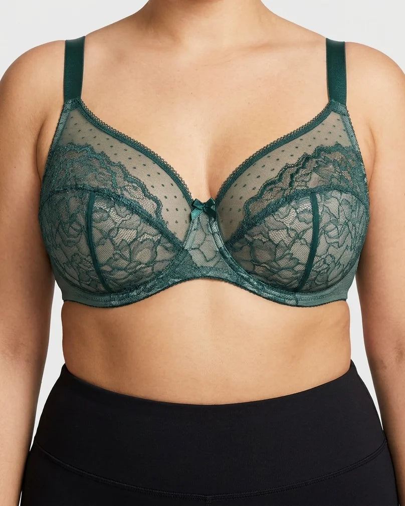 Curvana lace comfort bra plus size emerald green front view