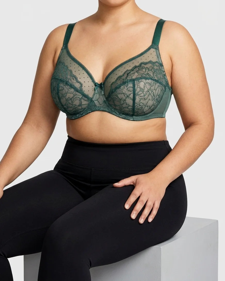 Curvana lace comfort bra plus size emerald green seated