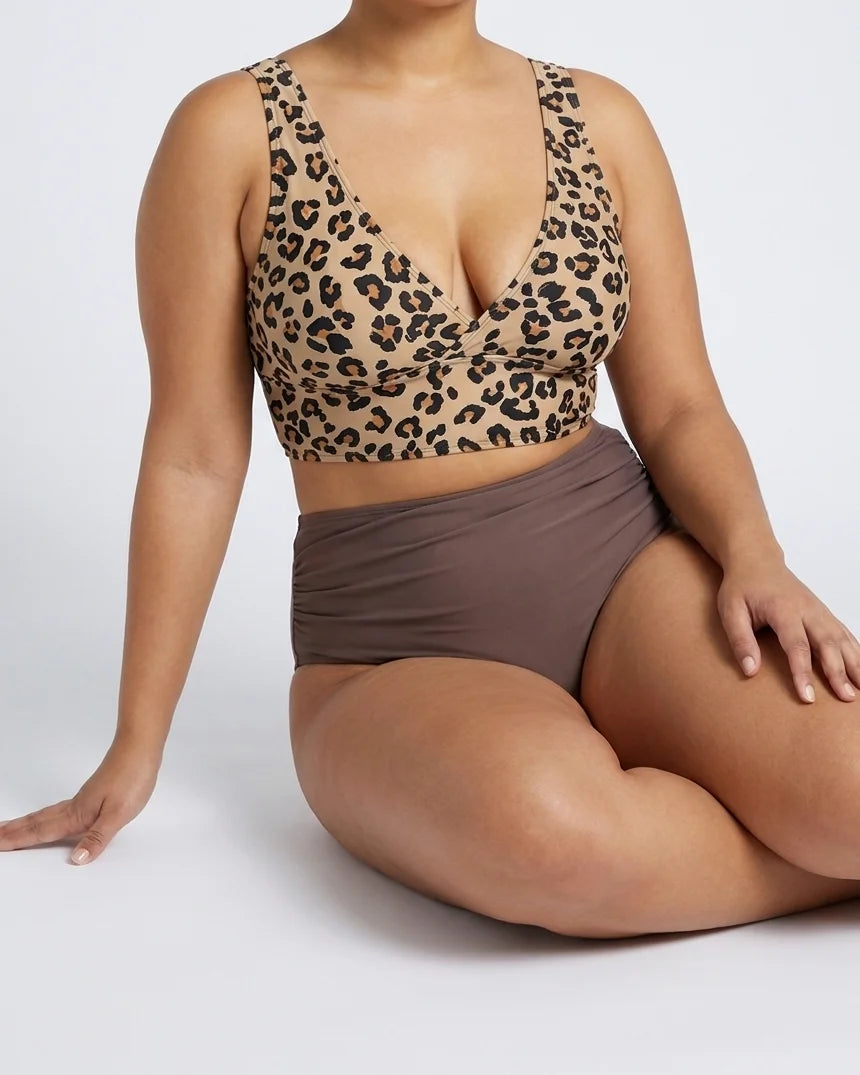 Curvana leopard tummy control swimsuit plus size leopard print seated