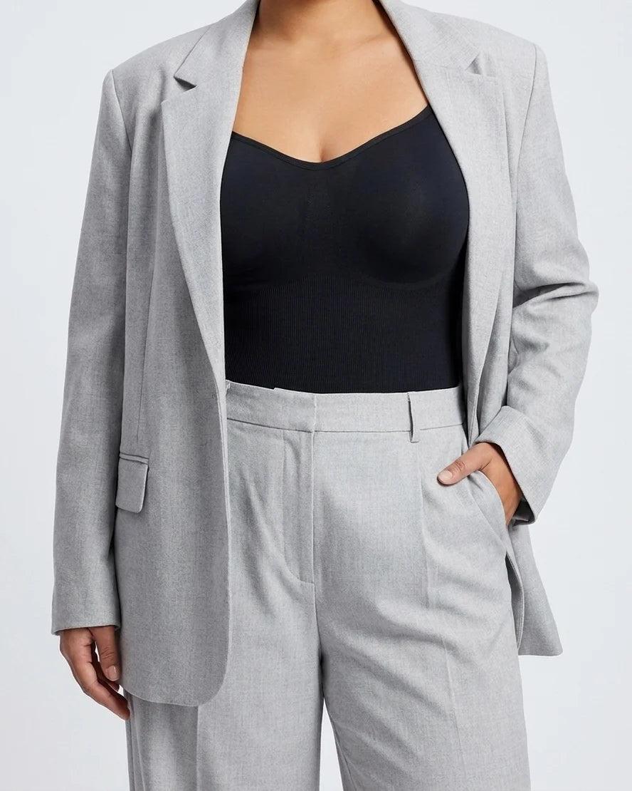 Curvana sculpt thong bodysuit plus size black styled with blazer