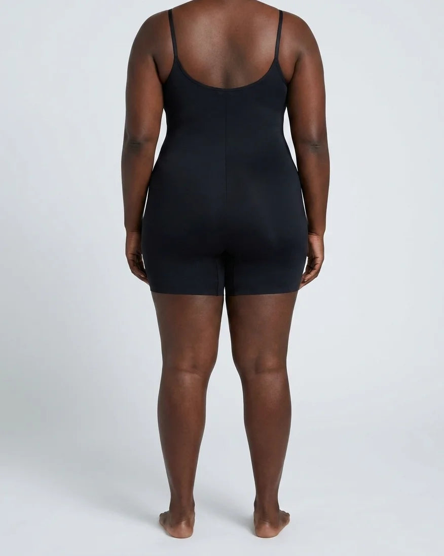 Curvana sculpt zip front bodysuit plus size black back view
