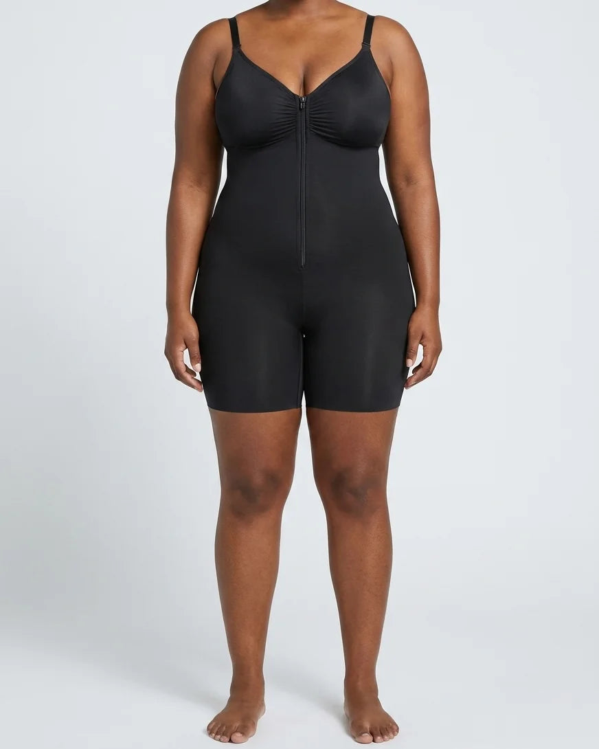 Curvana sculpt zip front bodysuit plus size black front view