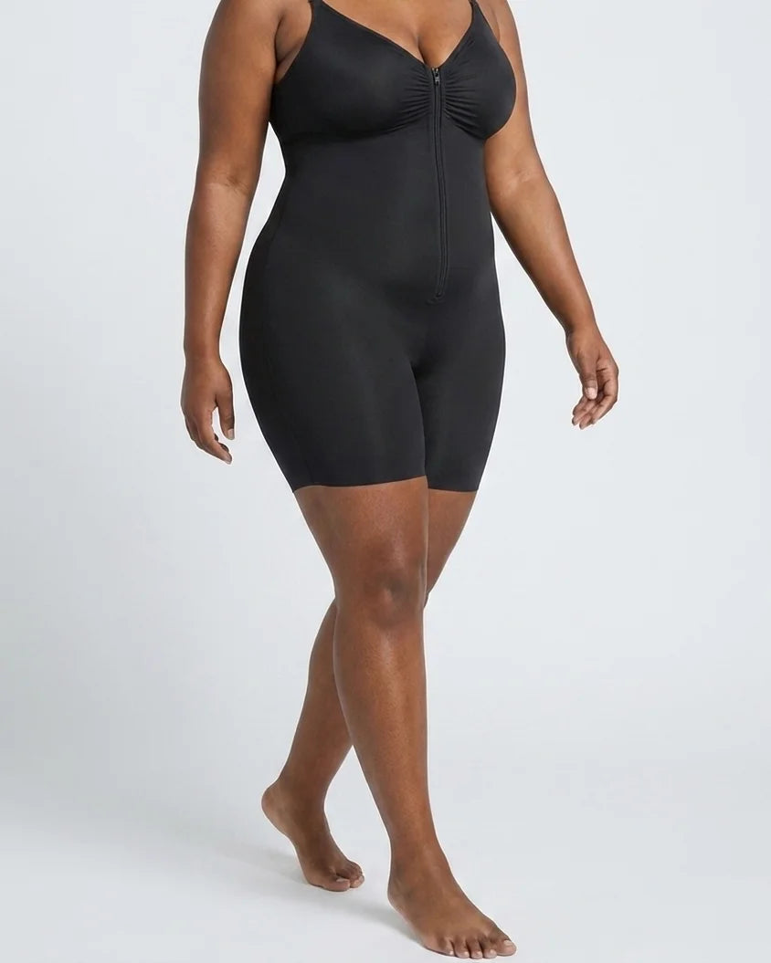 Curvana sculpt zip front bodysuit plus size black front walking