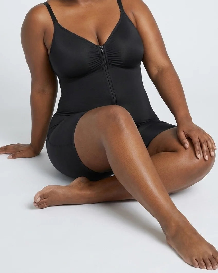 Curvana sculpt zip front bodysuit plus size black seated