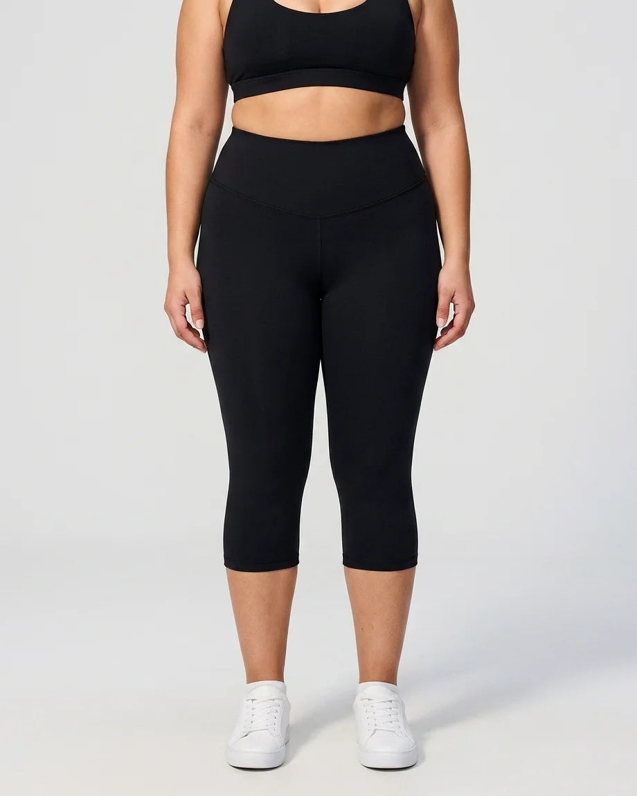Curvana tummy control capri legging plus size black front view
